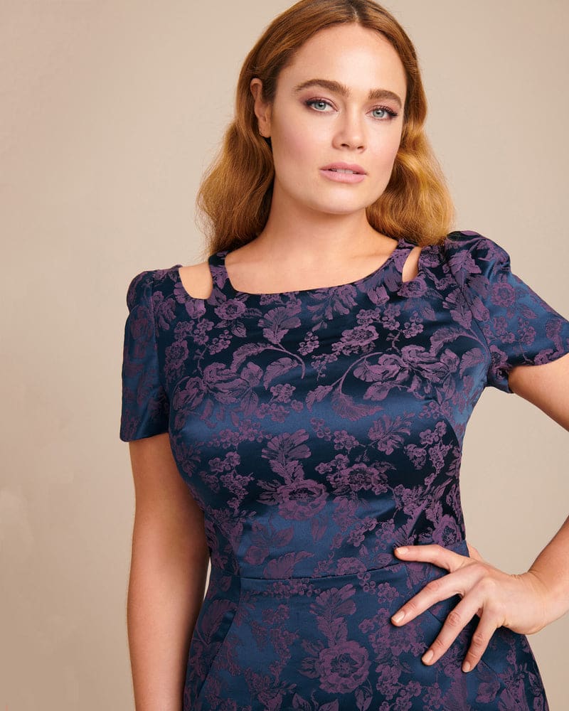 Stretch Jacquard Sheath Dress Navy